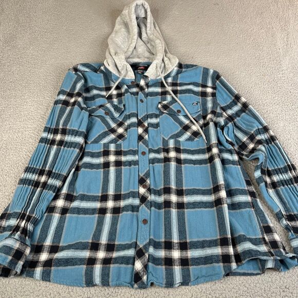 Quiksilver Hooded Flannel Shirt Mens XXL Blue Black Plaid Shacket Button Surf - Picture 1 of 11